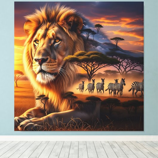 African Lion & Zebra Sunset Canvas Art (Insitu (Houten vloer))
