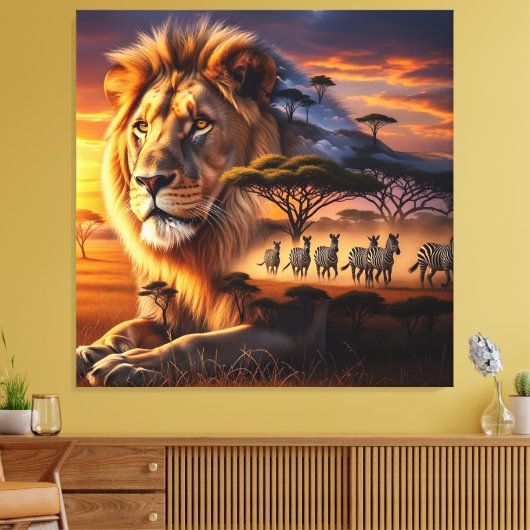 African Lion & Zebra Sunset Canvas Art (Insitu (Woonkamer))