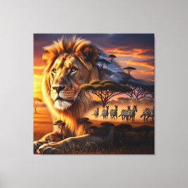 African Lion & Zebra Sunset Canvas Art Afdruk