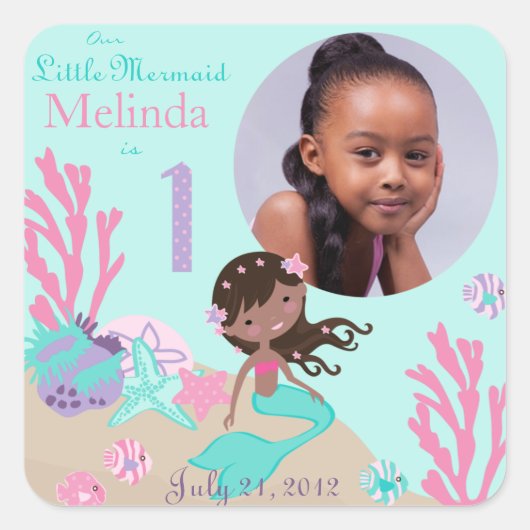 African Mermaid Age One Photo Sticker Label (Voorkant)