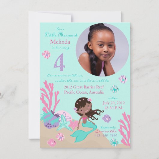 African Mermaid Fourth Birthday Invitation Kaart (Voorkant)