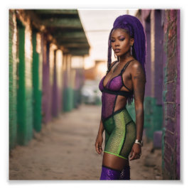 African Neon Cyber Punk Babe in Back Alley Foto Afdruk