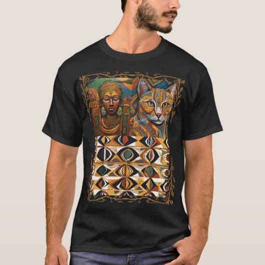 African Queen & Cat Geometric Tribal Art Tee T-shirt (Voorkant)