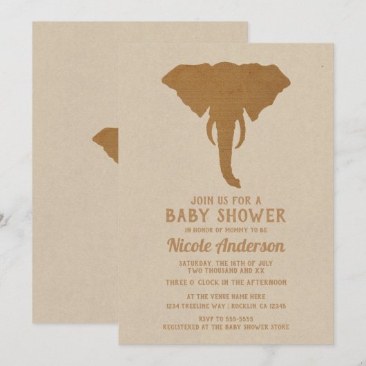 African Safari Brown Elephant  Baby shower Kaart (Voorkant / Achterkant)