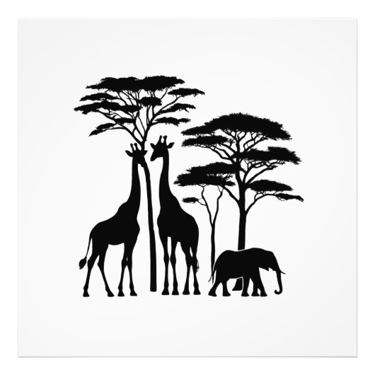 African Safari Silhouette - Giraffes, olifant, en Foto Afdruk (Voorkant)