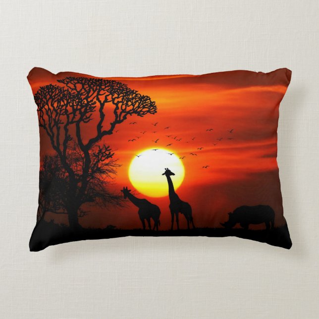 African Safari Sunset Animal Silhouettes Accent Kussen (Voorkant)