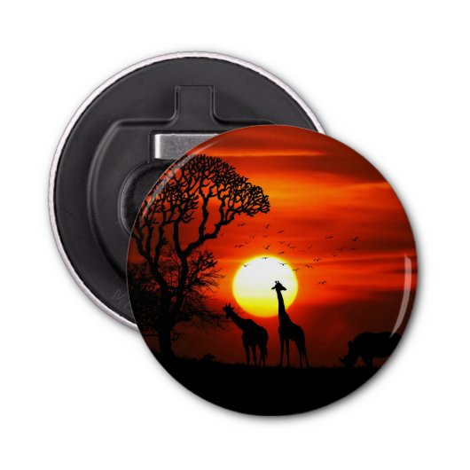 African Safari Sunset Animal Silhouettes Button Flesopener (Voorkant)
