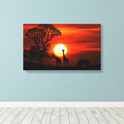 African Safari Sunset Animal Silhouettes Canvas Afdruk (Insitu (Houten vloer))