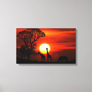 African Safari Sunset Animal Silhouettes Canvas Afdruk
