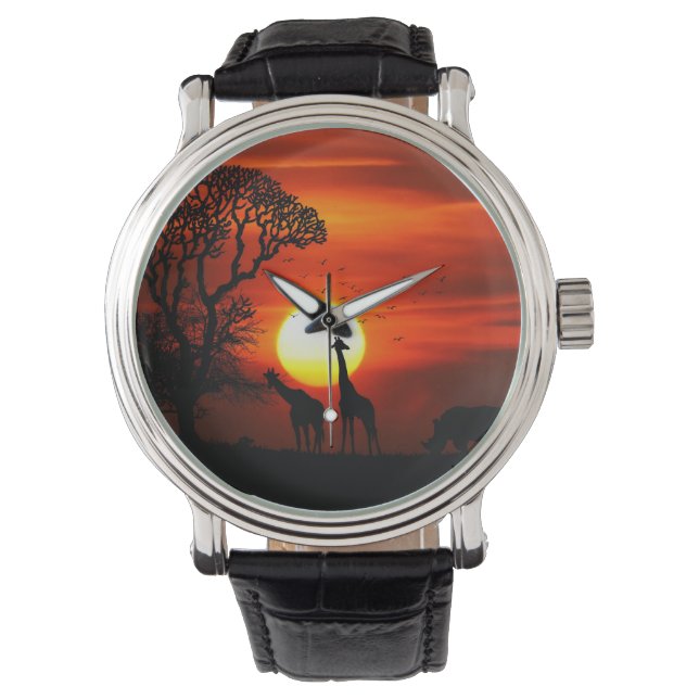 African Safari Sunset Animal Silhouettes Horloge (Voorkant)