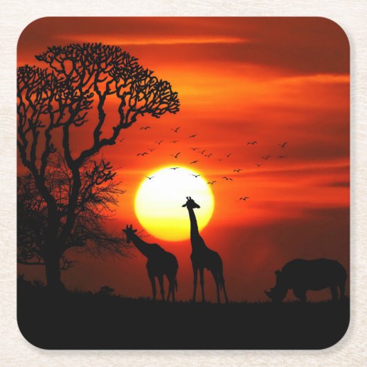African Safari Sunset Animal Silhouettes Kartonnen Onderzetters (Voorkant)