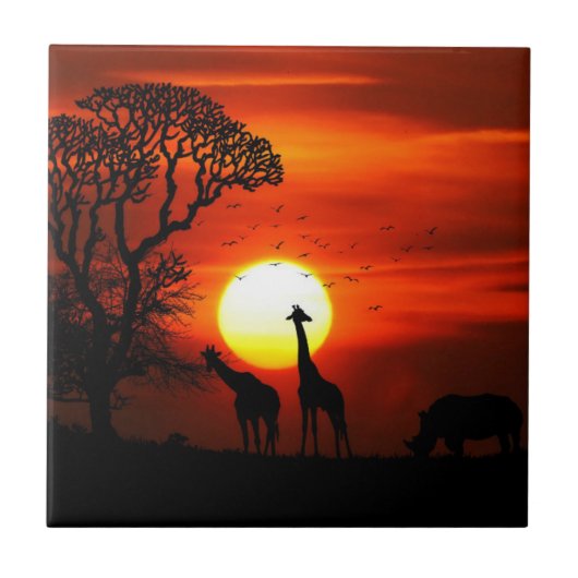 African Safari Sunset Animal Silhouettes Tegeltje (Voorkant)