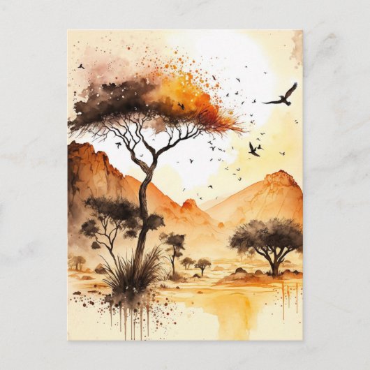 African Safari Sunset Waterverf met Acacia Tree Briefkaart (Voorkant)