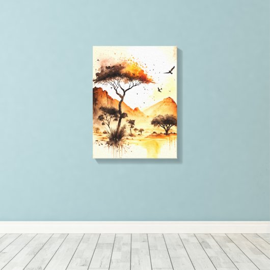 African Safari Sunset Waterverf met Acacia Tree Canvas Afdruk (Insitu (Houten vloer))