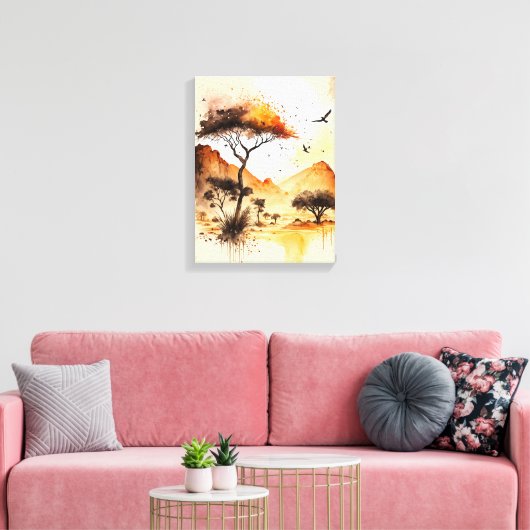 African Safari Sunset Waterverf met Acacia Tree Canvas Afdruk (Insitu (Woonkamer))