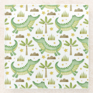 African Safari: Waterverf krokodil & palmbomen Glazen Onderzetter