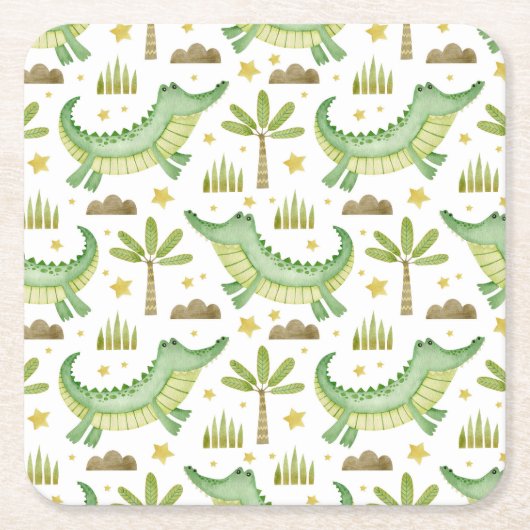 African Safari: Waterverf krokodil & palmbomen Kartonnen Onderzetters (Voorkant)