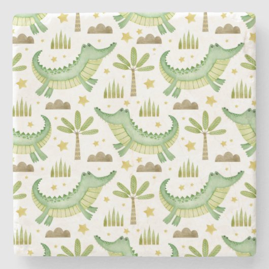 African Safari: Waterverf krokodil & palmbomen Stenen Onderzetter (Voorkant)