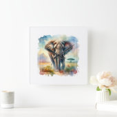 African Savanna Elephant 140724AREF113 - Watercolo Vierkante Klok (Huis)