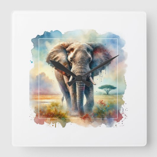 African Savanna Elephant 140724AREF113 - Watercolo Vierkante Klok (Voorkant)