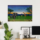 "African Sunset" Elephant Giraffe Art Poster Print (Thuiskantoor)
