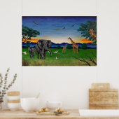 "African Sunset" Elephant Giraffe Art Poster Print (Keuken)