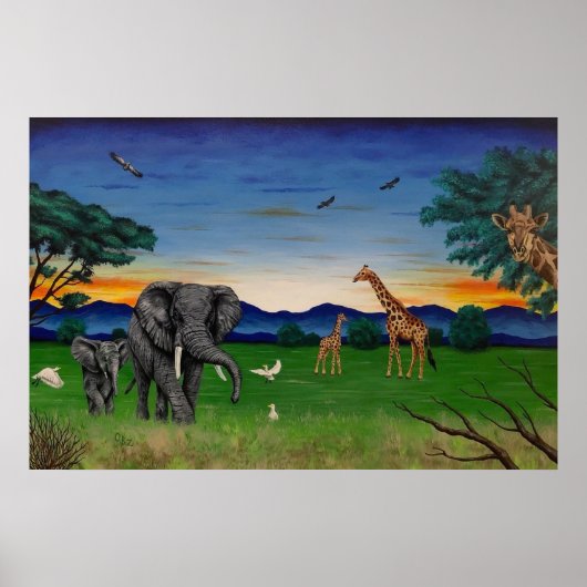 "African Sunset" Elephant Giraffe Art Poster Print (Voorkant)