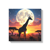 African Sunset Moon Giraffe Canvas