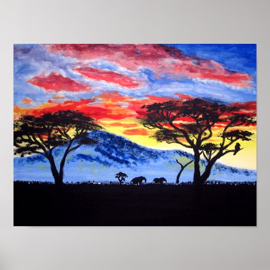African Sunset Safari Animal Silhouette Painting Poster (Voorkant)