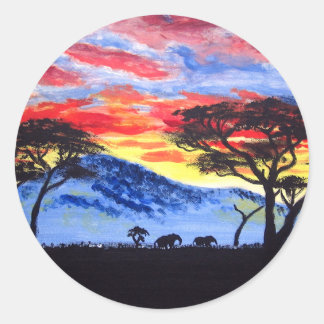 African Sunset Safari Animal Silhouette Painting Ronde Sticker