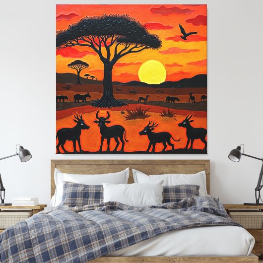 African Sunset Safari Art – Vibrant Wildlife Silho Canvas Afdruk (Insitu (Slaapkamer))