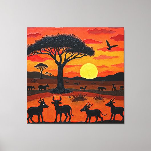 African Sunset Safari Art – Vibrant Wildlife Silho Canvas Afdruk (Voorkant)