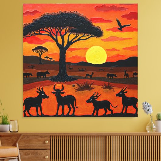 African Sunset Safari Art – Vibrant Wildlife Silho Canvas Afdruk (Insitu (Woonkamer))