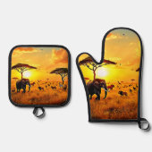 African Sunset Safari Majesty Design Ovenwant & Pannenlap Set (Voorkant)