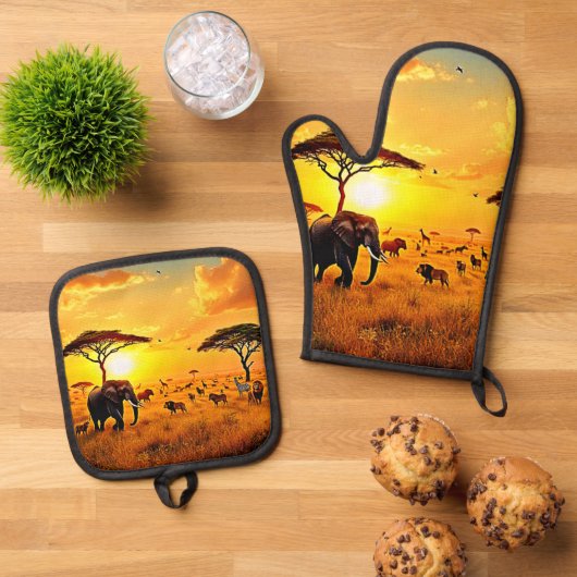 African Sunset Safari Majesty Design Ovenwant & Pannenlap Set (Top down)