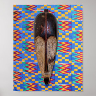African Tribal Mask Blauw Geel Sinaasappel Kente Poster