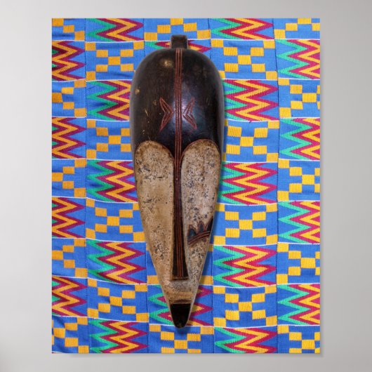 African Tribal Mask Blauw Geel Sinaasappel Kente Poster (Voorkant)