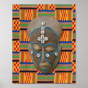 African Tribal Mask Cowrie Shells Oranje Green Po Poster