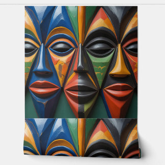 African Tribal Mask Trio Dynamic Symmetry Behang