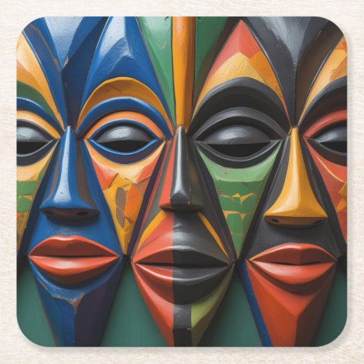 African Tribal Masks Trio Dynamic Symmetry Kartonnen Onderzetters (Voorkant)
