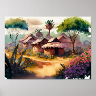 African Village Waterverf Digitale kunst Poster