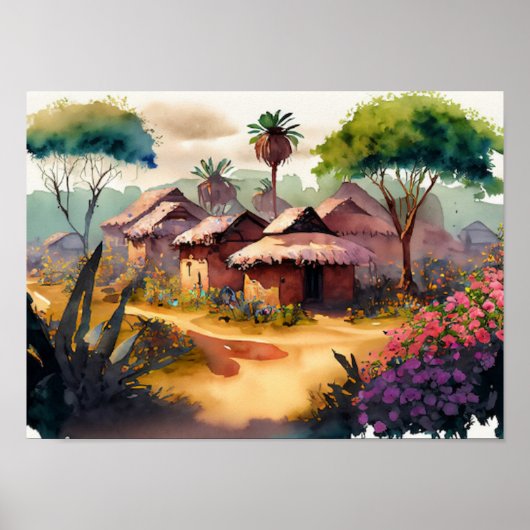African Village Waterverf Digitale kunst Poster (Voorkant)