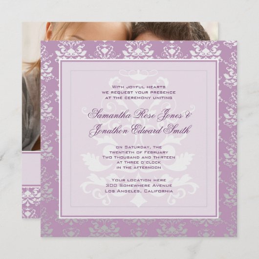 African Violet & Silver Damask Photo Wedding Kaart (Voorkant / Achterkant)