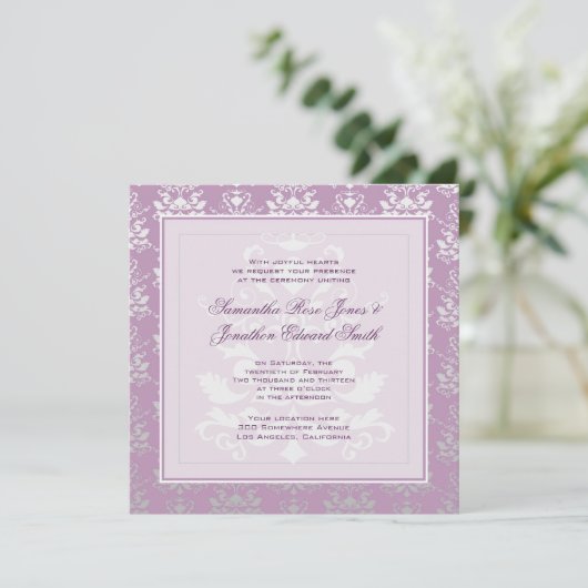 African Violet & Silver Damask Photo Wedding Kaart (Staand voorkant)
