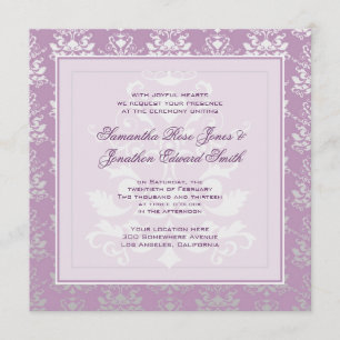 African Violet & Silver Damask Photo Wedding Kaart