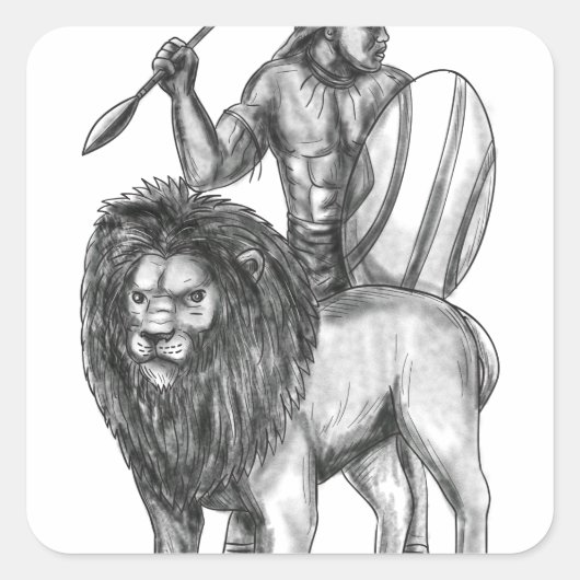 African Warrior Spear Lion Tattoo Vierkante Sticker (Voorkant)