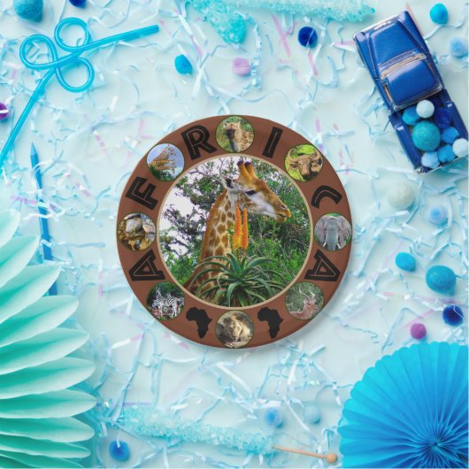 African Wildlife Circle Collage Giraffe Aloë Papieren Bordje (Feest)