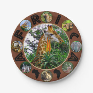 African Wildlife Circle Collage Giraffe Aloë Papieren Bordje