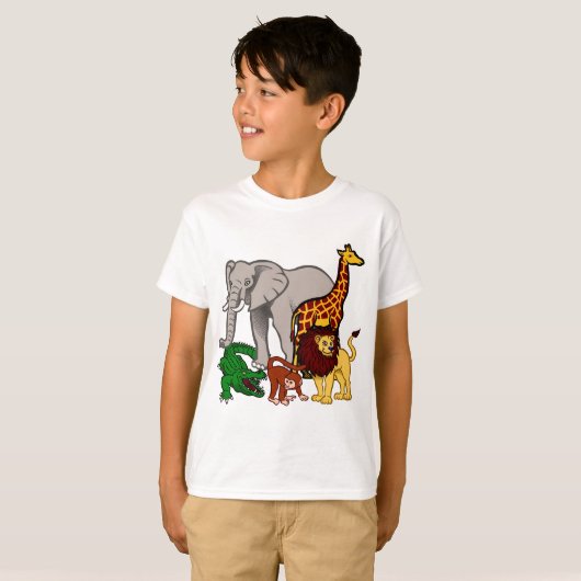 Afrika, dieren, leeuw, olifant, krokodil, aap t-shirt (Voorkant volledig)
