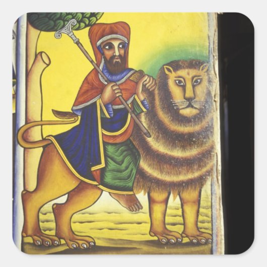 Afrika, Ethië. Kunstwerk met Leeuw van Vierkante Sticker (Voorkant)